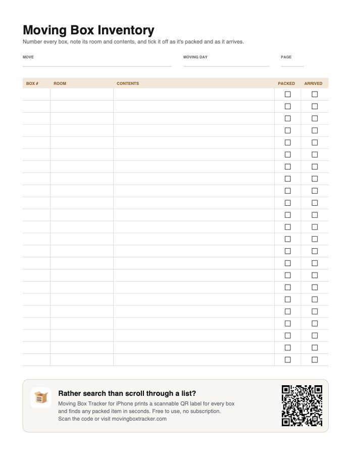 Moving box inventory checklist with box number, room, contents, packed, and arrived columns