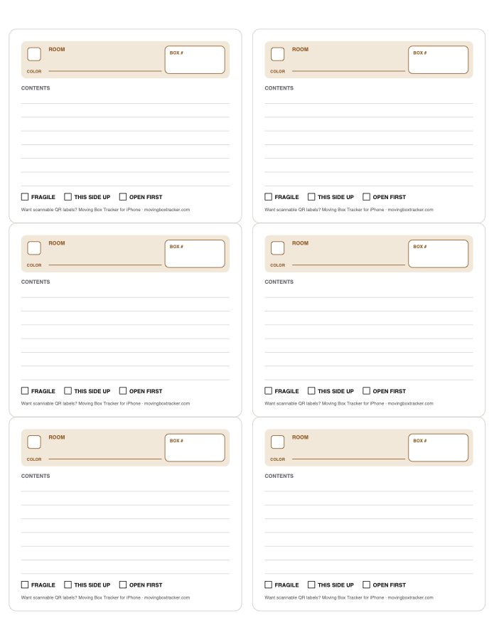Sheet of six printable moving box labels sized for Avery 5164