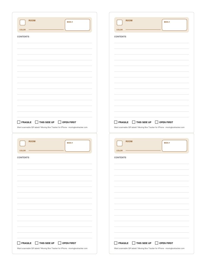 Sheet of four large printable moving box labels sized for Avery 5168