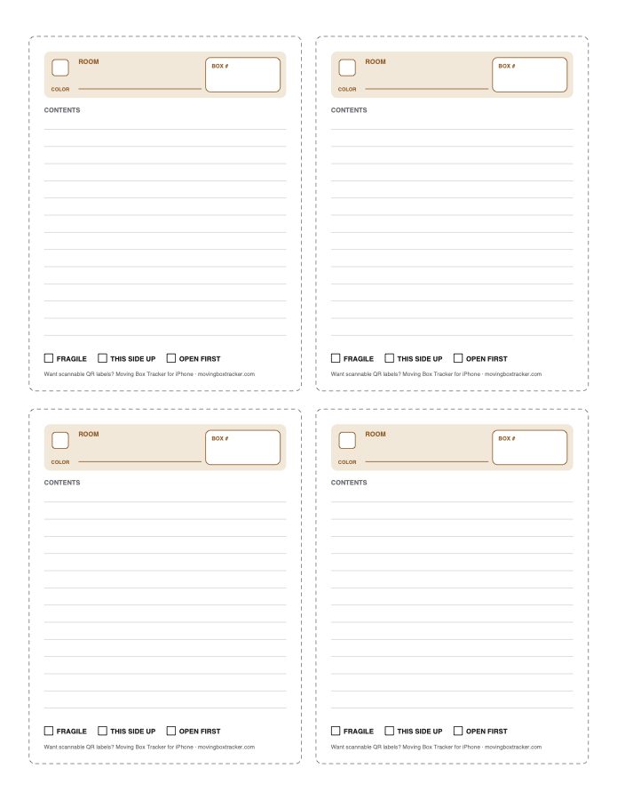 Four moving box labels with dashed cut lines on plain letter paper