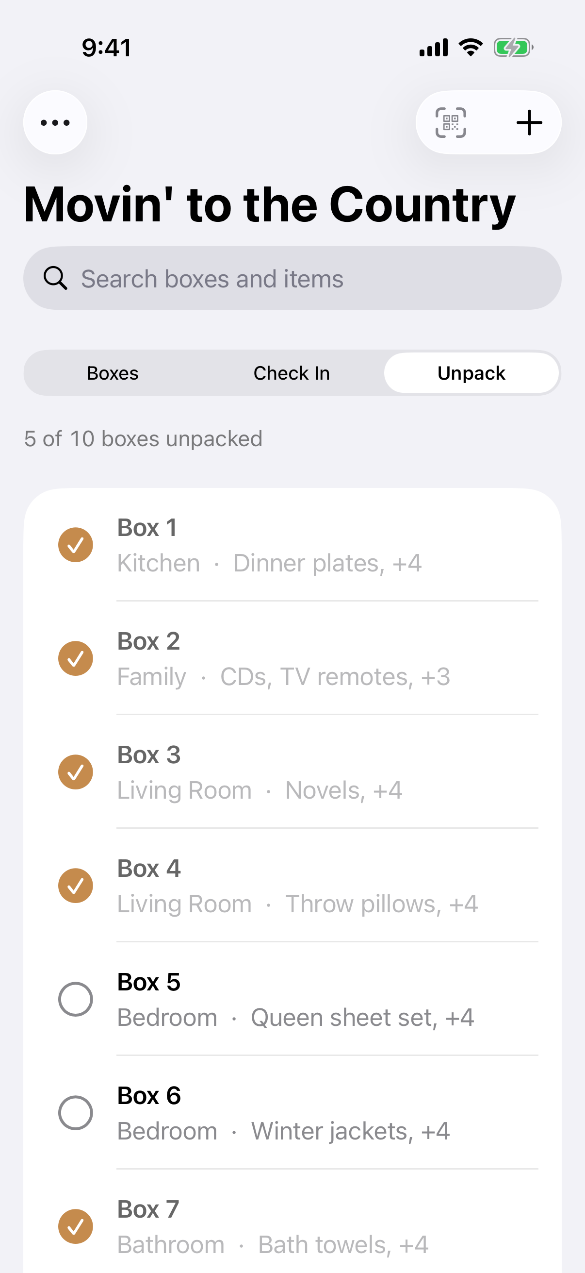 Unpack checklist showing completed and remaining boxes